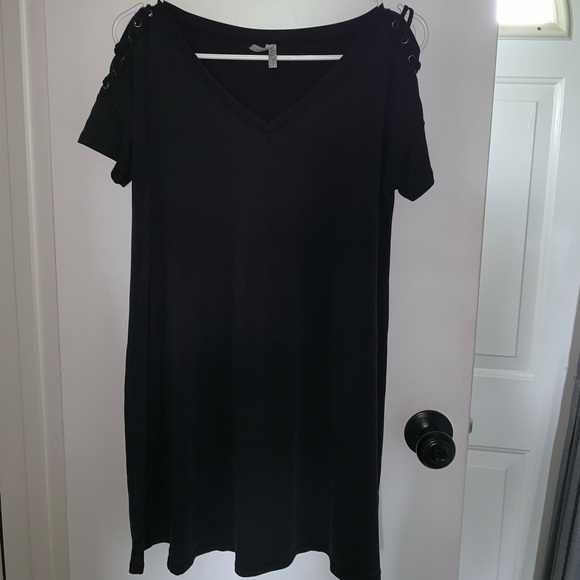 Charcoal knee length dress with lace up shoulders - Picture 2 of 4